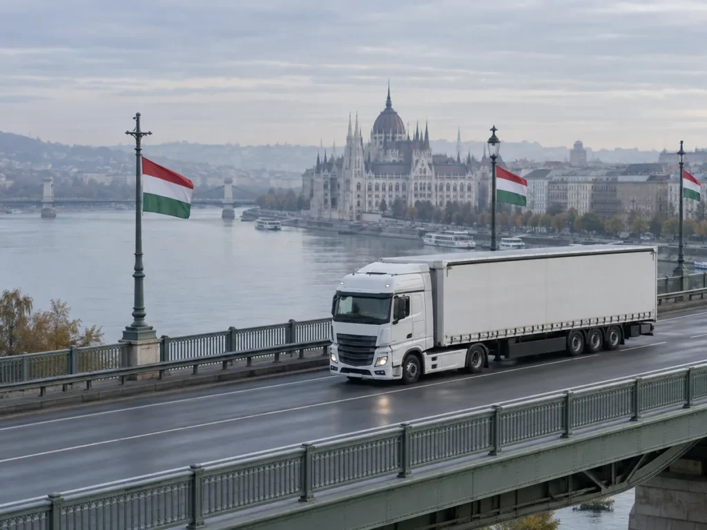 Фура на мосту через Дунай в Будапеште, Венгрия