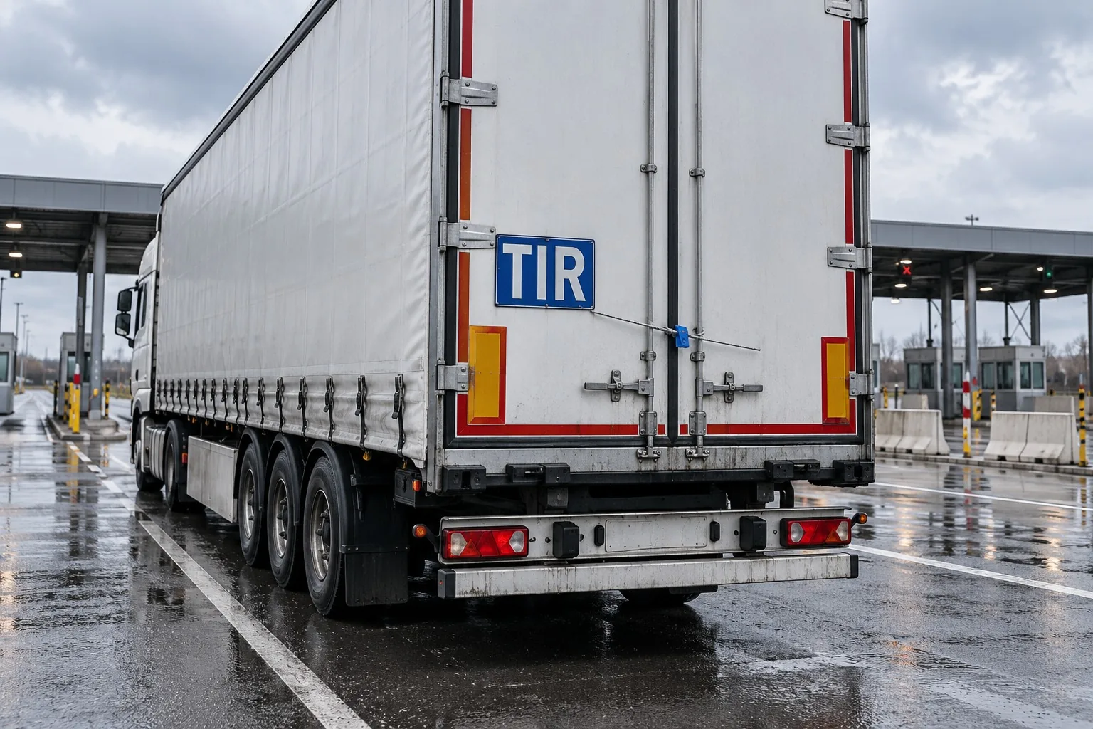 Задние двери белого тентованного полуприцепа с синей табличкой TIR и таможенной пломбой на тросе у таможенного поста