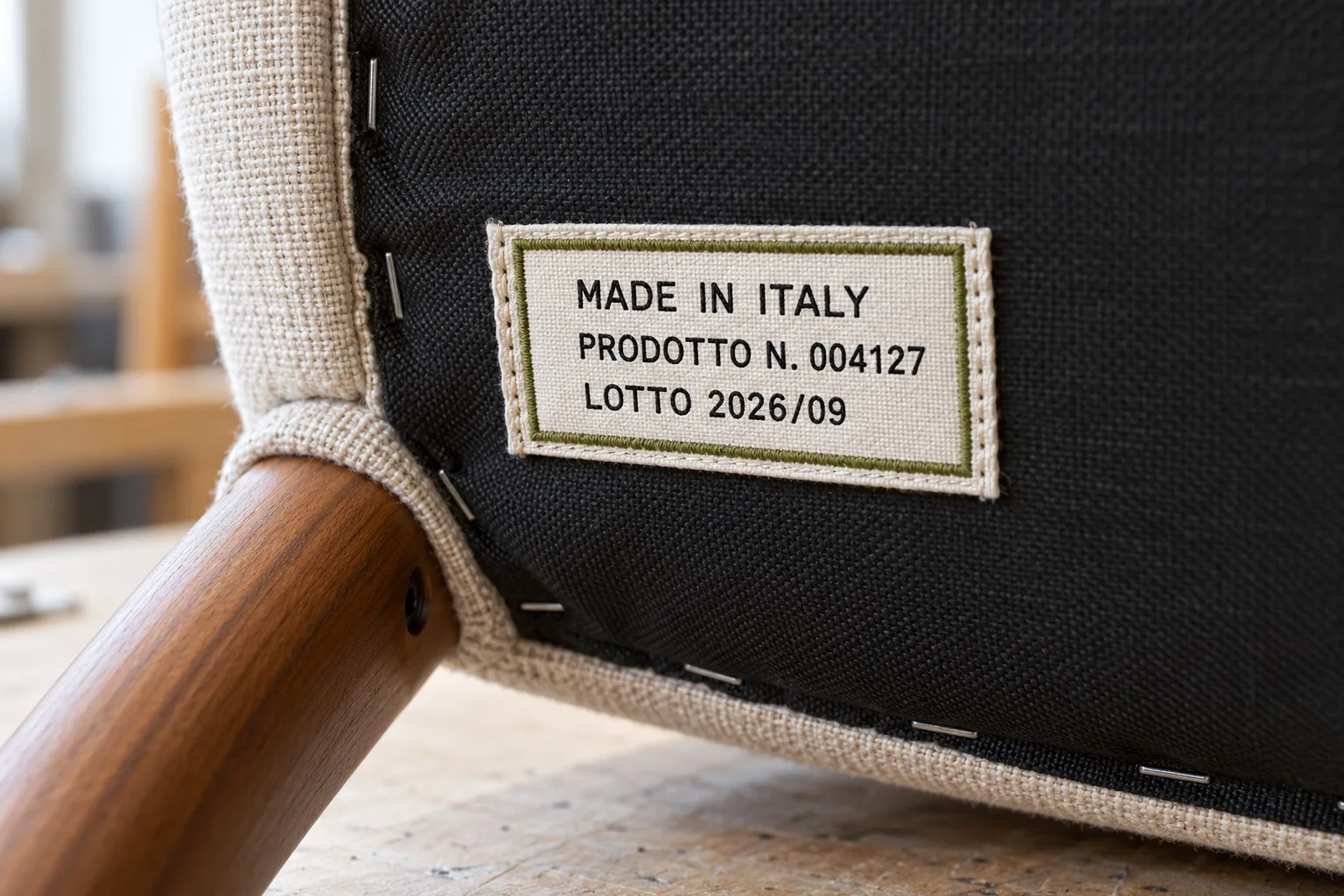 Тканевая фабричная этикетка «Made in Italy» с номером изделия и партии, пришитая снизу к креслу